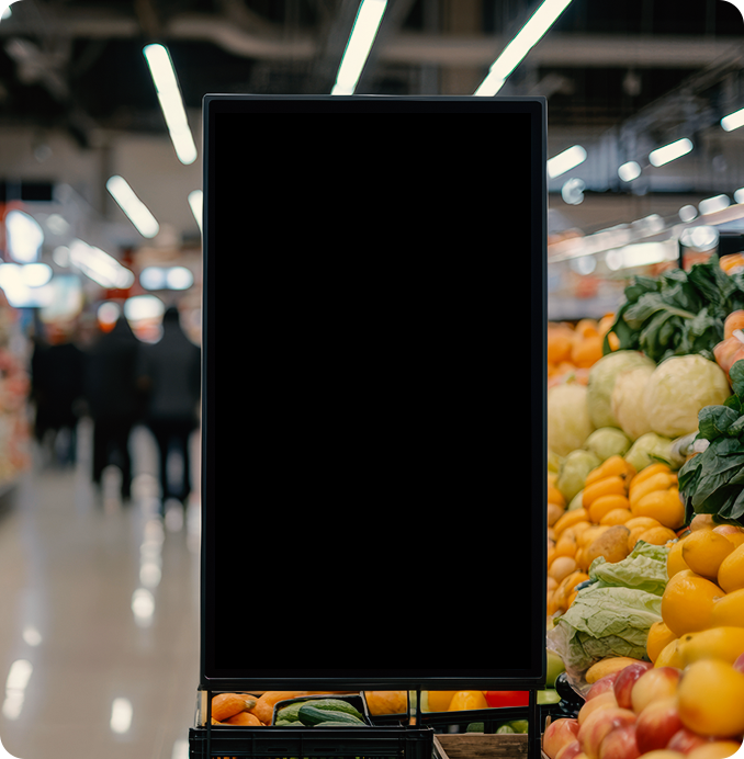 Totem de sinalização digital exibindo oferta de hortifruti num corredor de supermercado