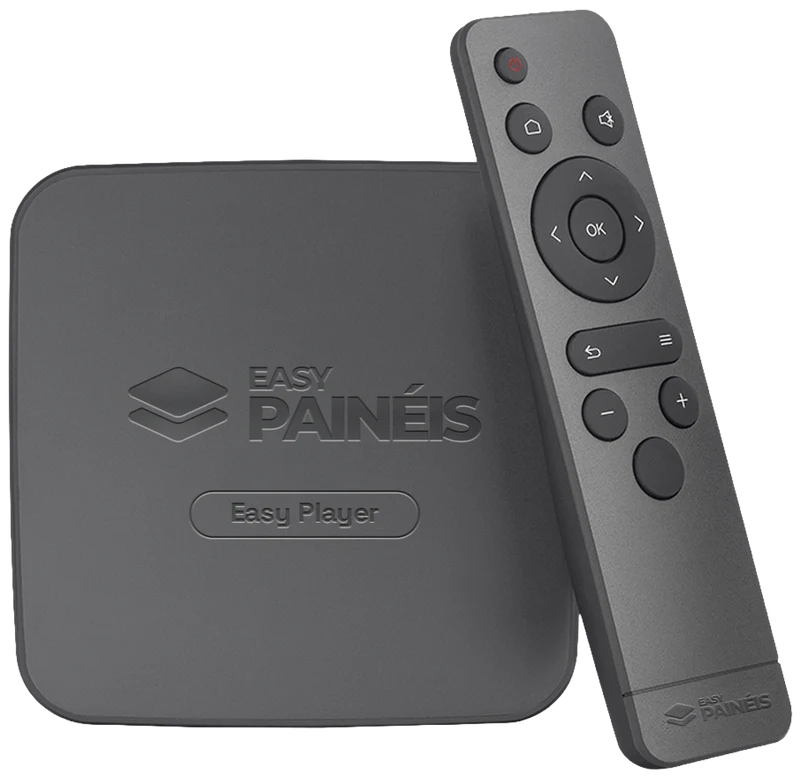 Easy Player, o TV Box oficial do Easy Painéis, com o controle remoto