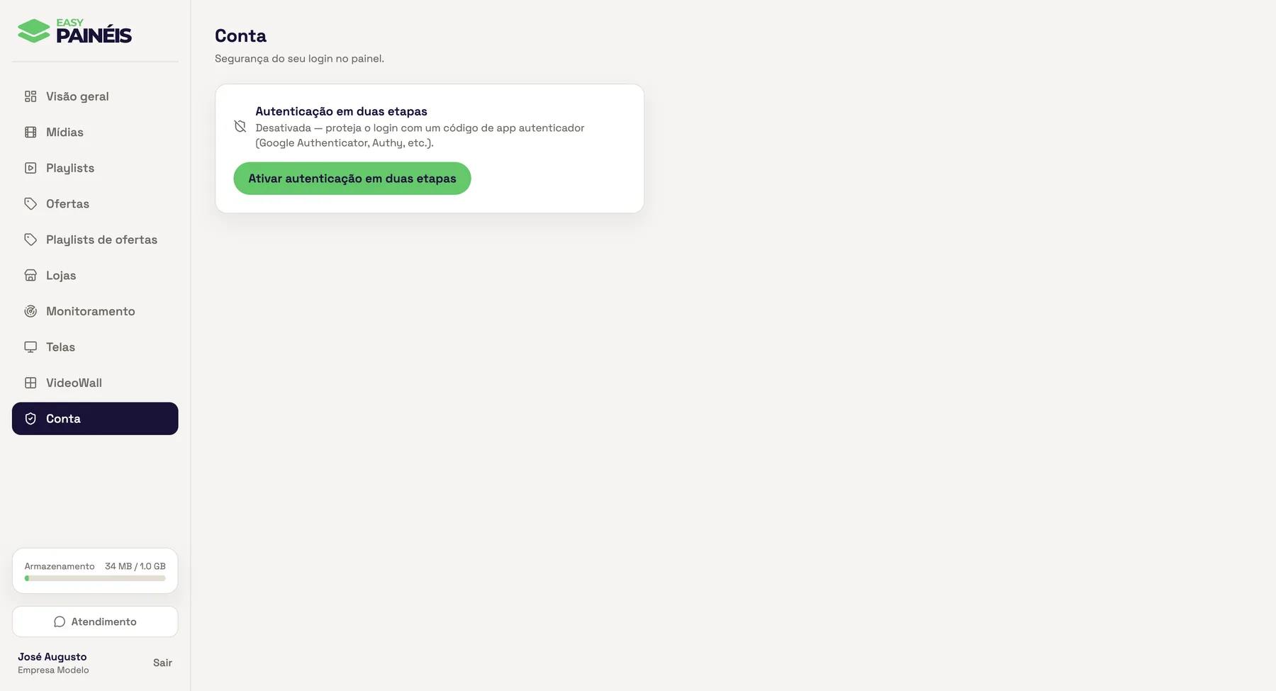 Tela de configurações do painel Easy Painéis