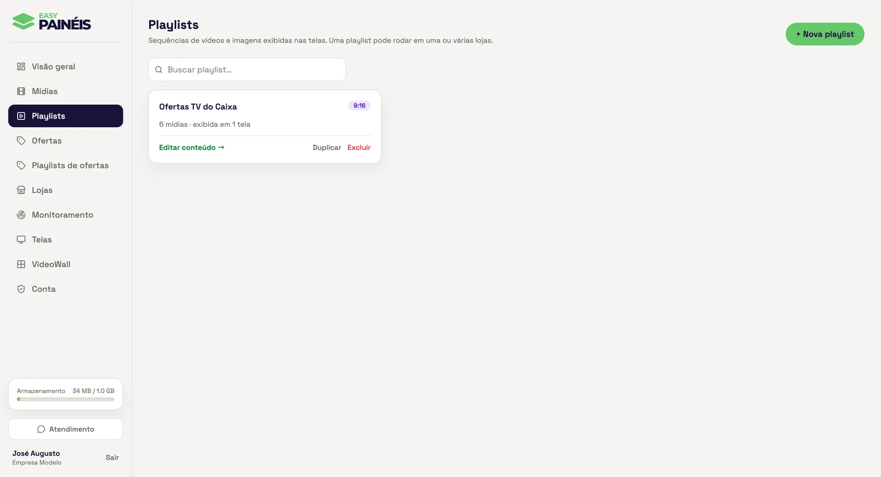 Tela de playlists do painel Easy Painéis